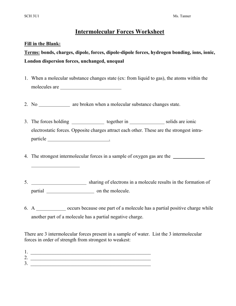 Intermolecular Forces Worksheet Answers Intermolecular Forces 