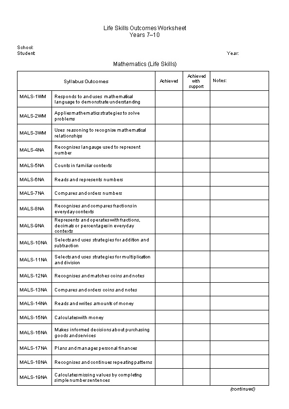 Life Skills Outcomes Worksheet Docest