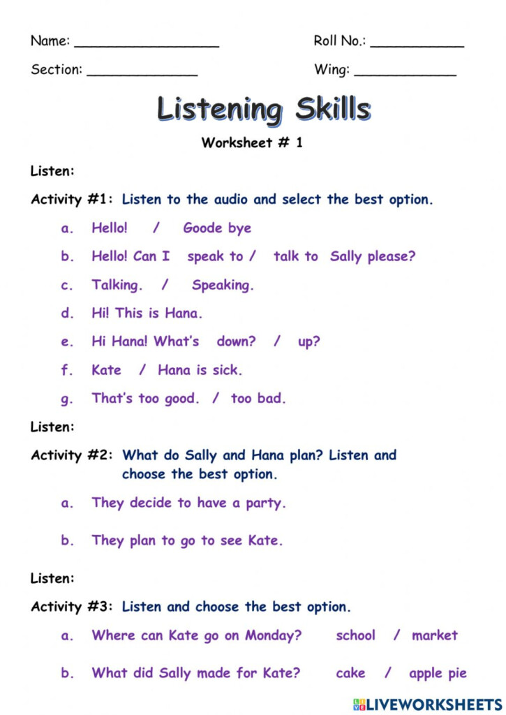 Listening Skills Exercise For Grade 3 Elementary