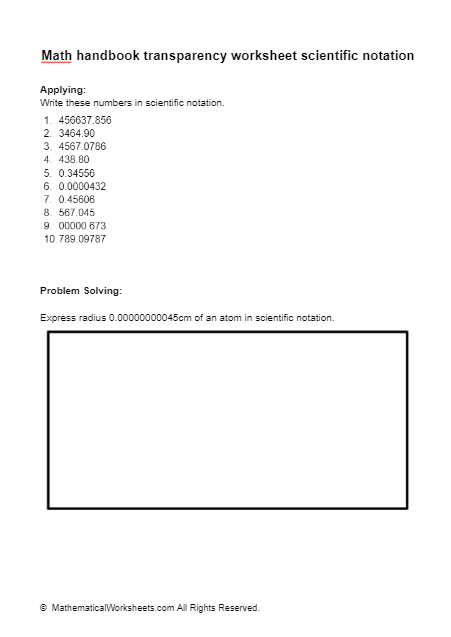 Math Handbook Transparency Worksheet Scientific Notation 