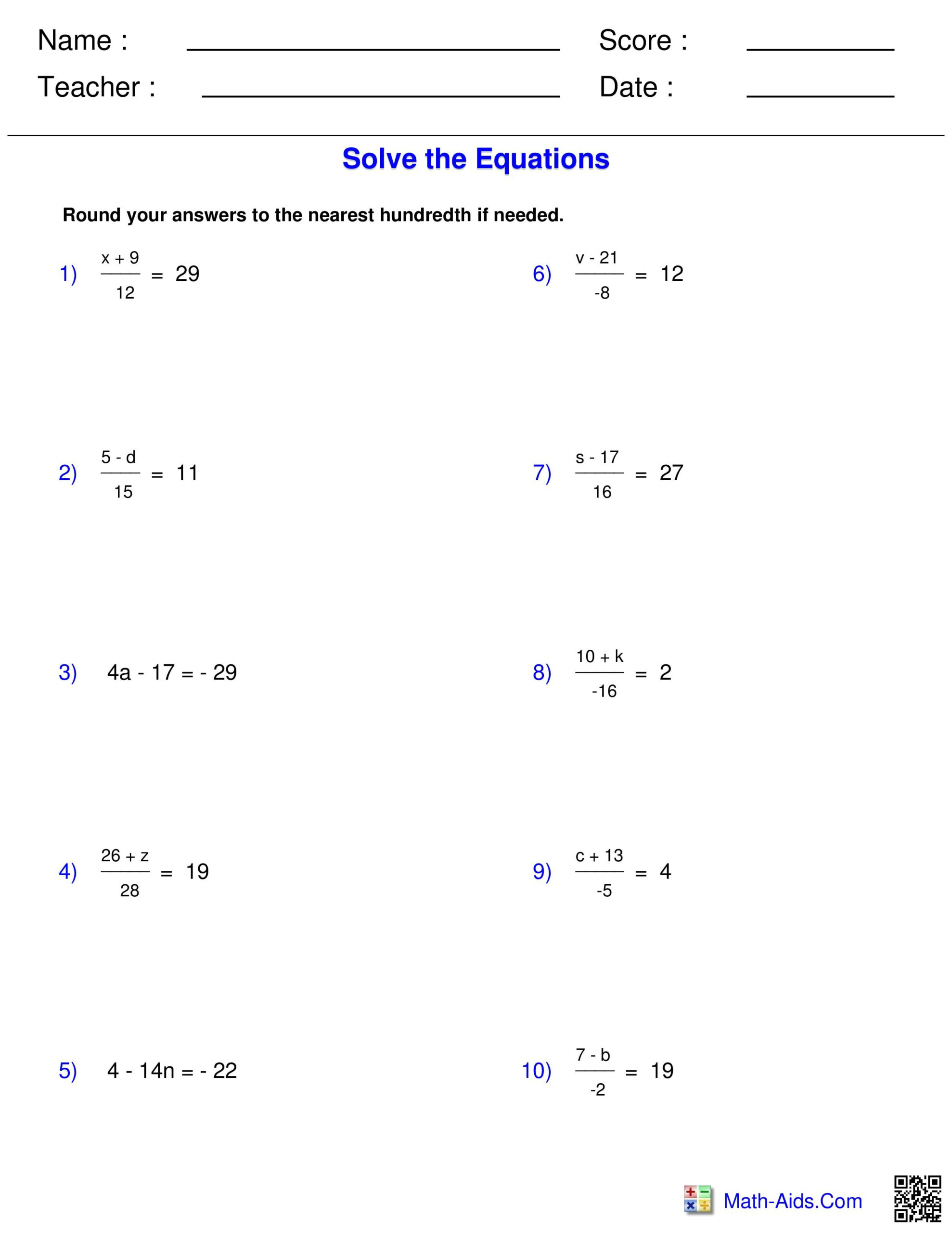 Pre Algebra Skills Worksheet