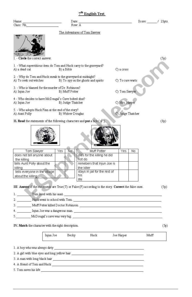 Reading Comprehension Test The Adventures Of Tom Sawyer Reading 