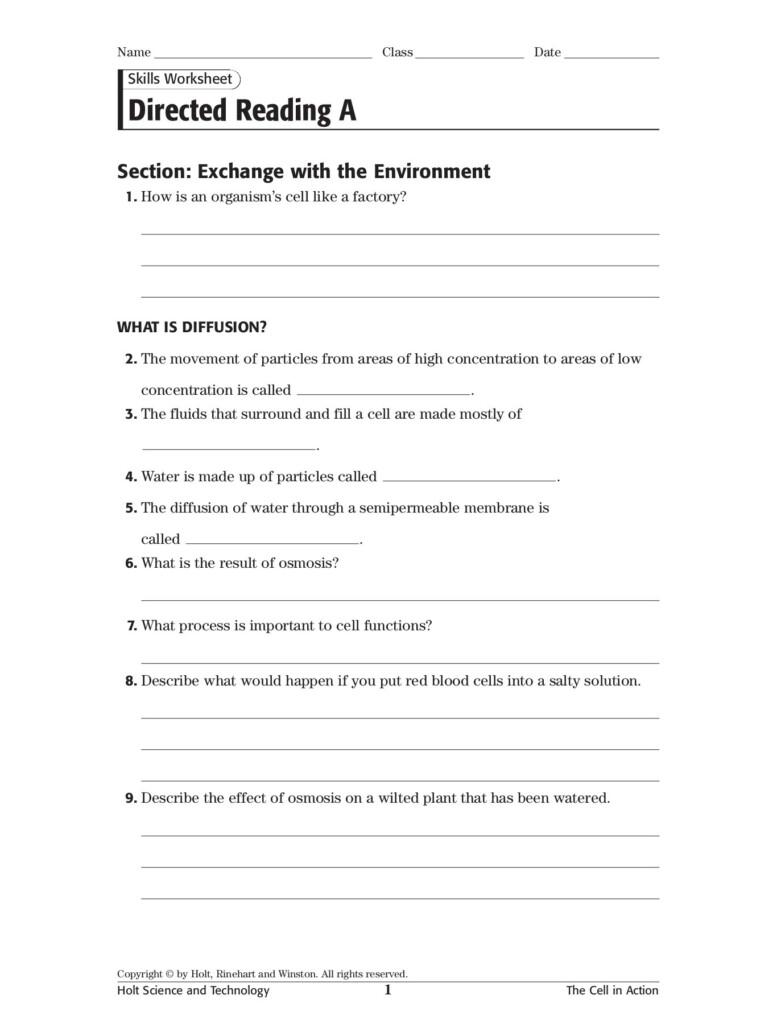 Skills Worksheet Directed Reading A Answer Key Db excel