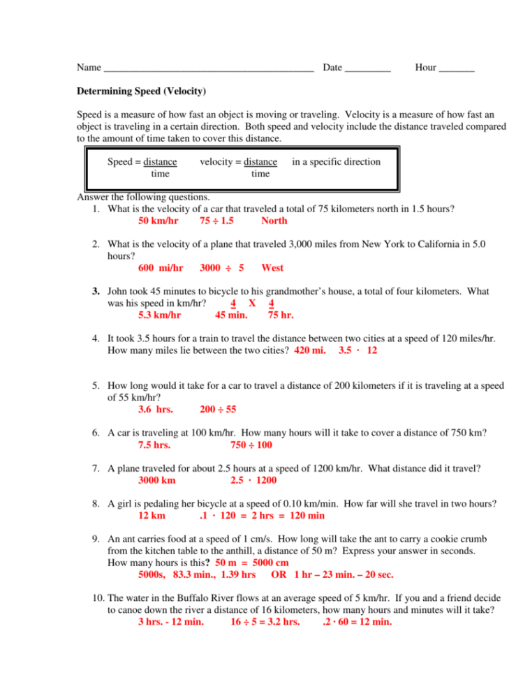 Speed And Velocity Worksheet Answers Db excel