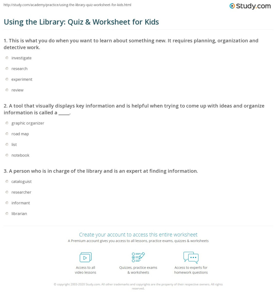 Using The Library Quiz Worksheet For Kids Study