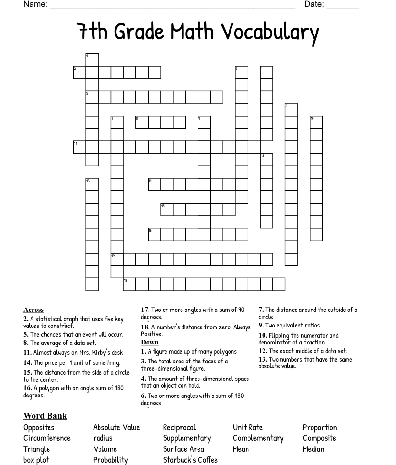 7th Grade Math Vocabulary Crossword WordMint