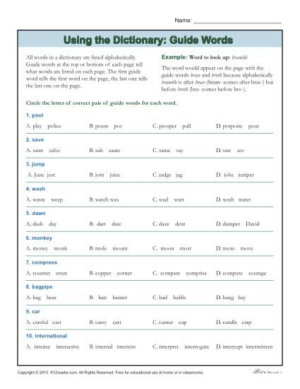 Dictionary Skills Worksheets Guide Words