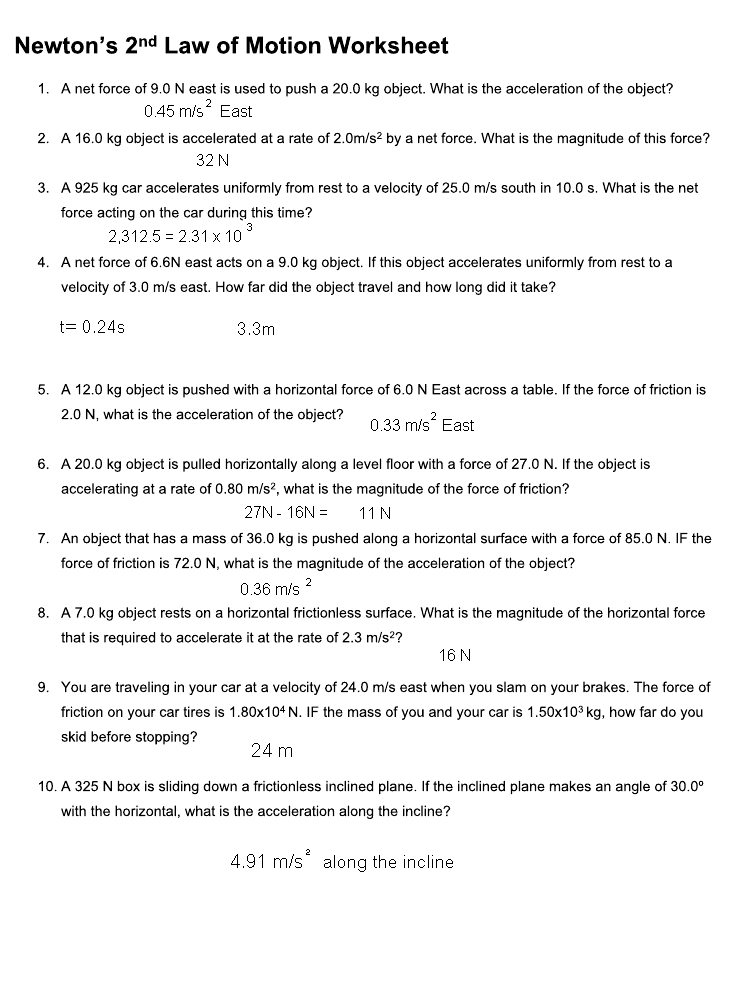 Newton 39 s Second Law Worksheets Answers