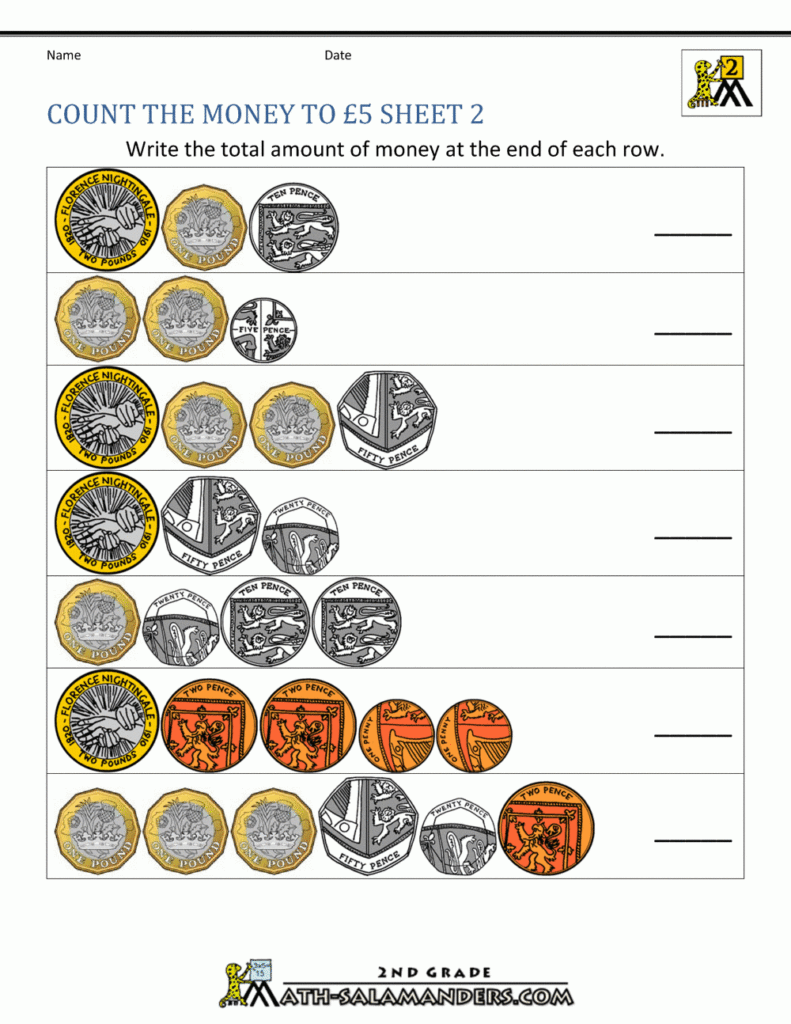 UK Money Worksheets To 5