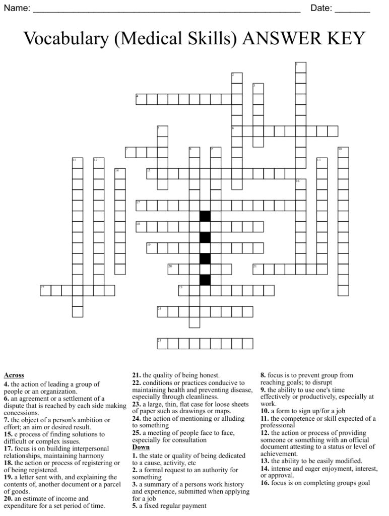 Vocabulary Medical Skills ANSWER KEY Crossword WordMint